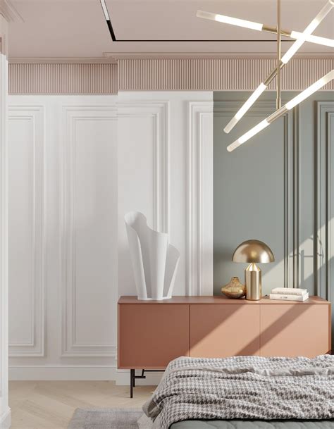 A Bed Room With A Neatly Made Bed And A Tall White Sculpture On The Dresser