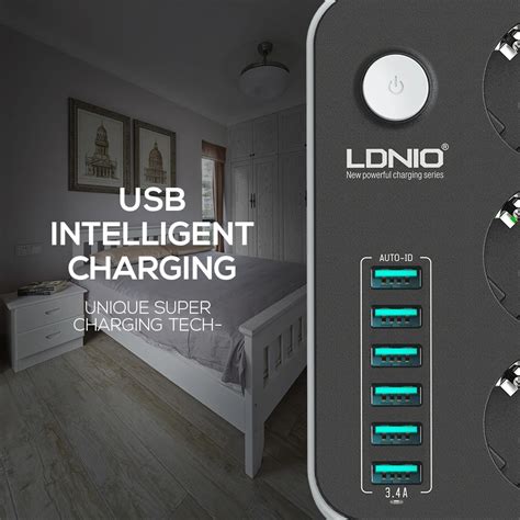 Ldnio Se3631 Eu Plug 3 Outlet 6 Usb Charging Ports Power Strip Socket