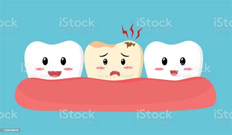 치과 캐비티 개념 평면 디자인에 슬픈 부패 치아 만화와 건강한 치아를 미소 치과 문제 치 통 구강 관리 건강관리와 의술에 대한