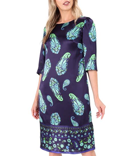 Natural Silk Dress Printed With Paisley Motifs Navy Blue Yokko