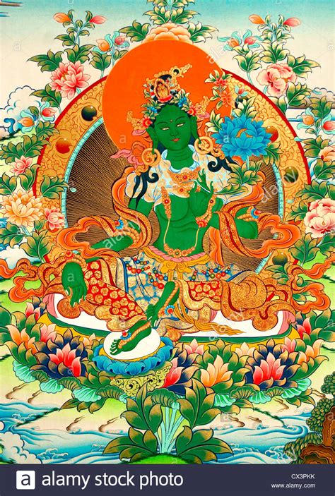 Tibetan Buddhist Thangka Painting Of Green Tara From Nepal Stock Photo