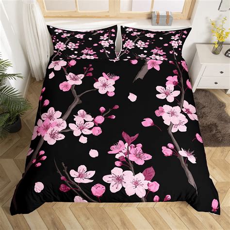 Yst Pink Cherry Blossoms Bed Set Sakura Flower Duvet Cover Queen Size