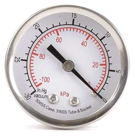 GRAINGER APPROVED Vacuum Gauge 100 KPa Vac To 0 30 In Hg Vac To 0