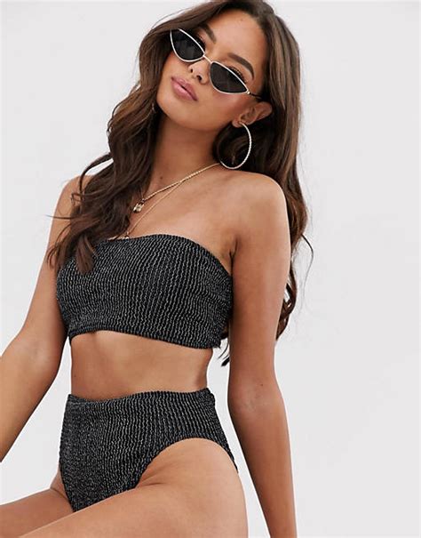 Asos Design Trägerloses Crinkle Bikinioberteil In Schwarz Und Silber Metallic Asos