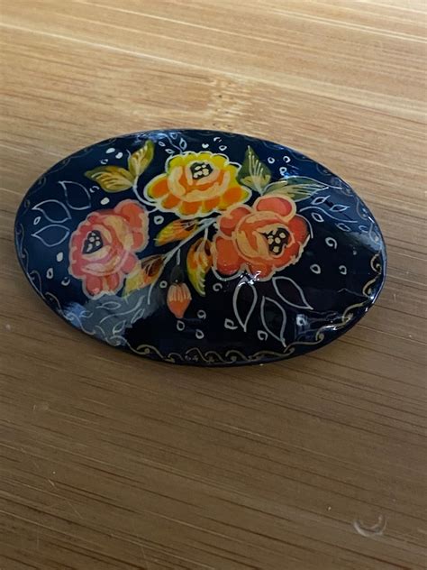 Hand Painted Floral Russian Brooch Pin Gem