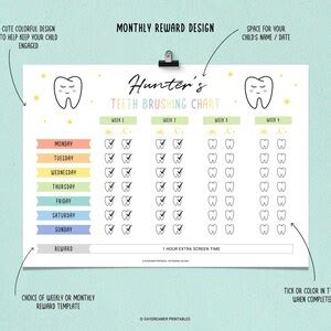 Kids Daily Teeth Brushing Visual Chart With Reward Editable Monthly ...