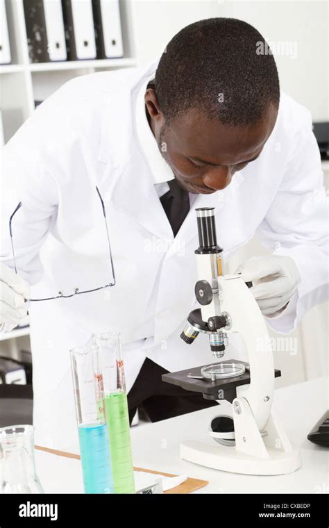 African American Male Lab Researcher Looking Through Microscope Stock