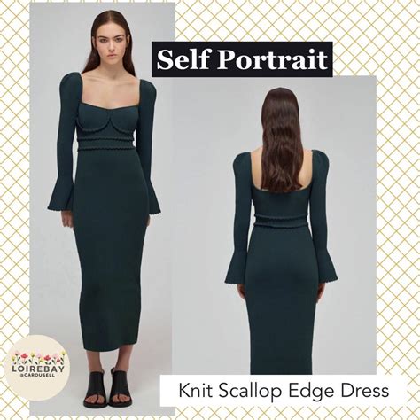 Self Portrait Khaki Knit Scallop Edge Midi Dress Green Womens