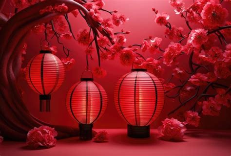 Premium Photo Illustration In The Chinese Style Of Elegant Chinese Lanterns With Cherry