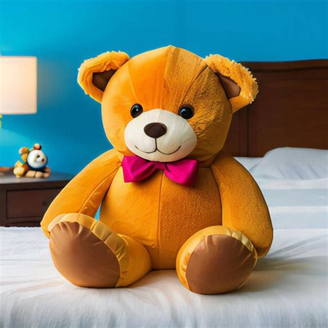 Premium Photo | Cute teddy bear sitting on the bed in the bedroom