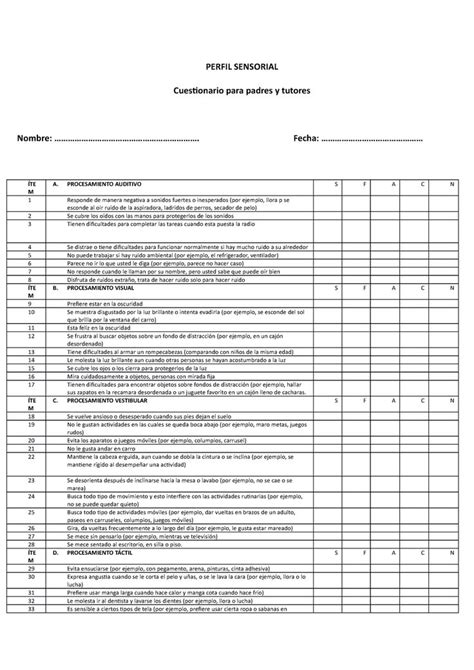 Test De Evaluaci N Integracion Sensorial Perfil Sensorial