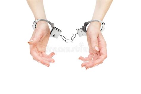 Woman S Hands In Handcuffs Isolated On White Stock Photo Image Of