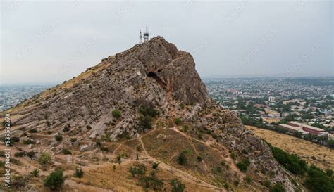 Panorama of Osh town from Sulaiman-Too mountain. The rock Suleiman-too ...