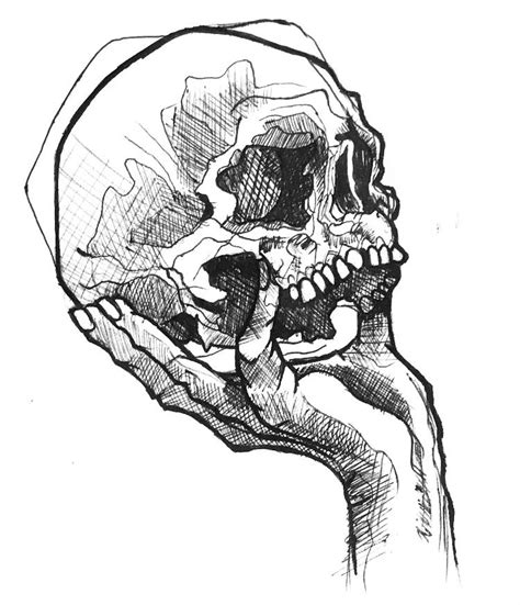 Skull In Hand Shaded By Using Black Pen Black Pen Sketches Black Pen