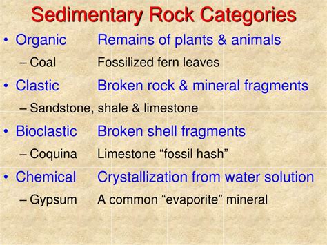 Sedimentary Rock Characteristics List