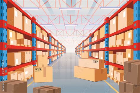 Perspective View Of Warehouse With Cardboard Boxes On Racks Interior