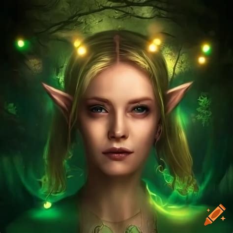 Realistic Portrait Of An Elf Sorceress With Magical Orbs In A Forest