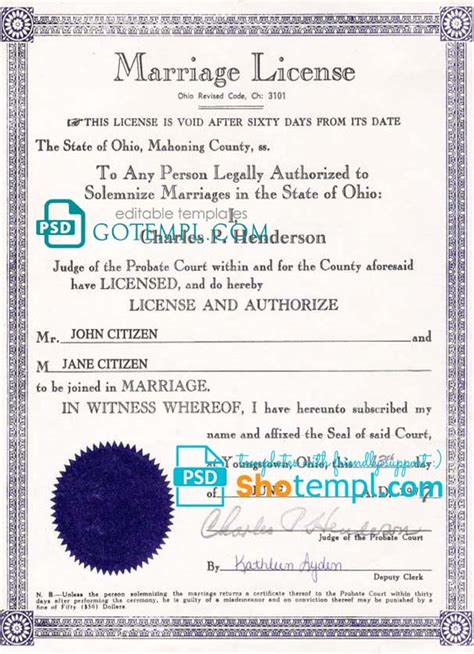 USA Ohio state marriage certificate fake template in PSD format ...