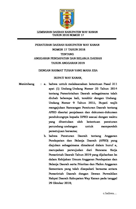 Peraturan Daerah Kab Way Kanan No 17 Tahun 2018 Tentang Anggaran