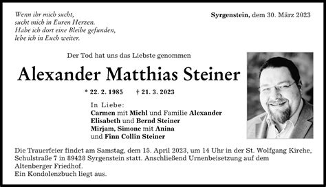 Traueranzeigen Von Alexander Matthias Steiner Augsburger Allgemeine