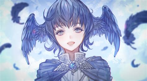 Safebooru 1girl D Bird Wings Blue Background Blue Capelet Blue Eyes