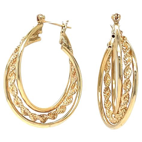 Yellow Gold Rope Tri Twist Hoop Earrings 14k Pierced For Sale At 1stdibs Earring Hoop Types