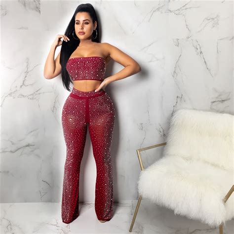 Sexy Nightclub 2 Piece Set Women Suits Sparkly Rhinestone Crop Top And Pants Set Elegant Outfits