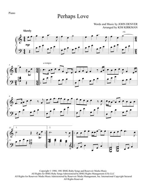 Perhaps Love Arr Kim Kirkman By John Denver And Placido Domingo Sheet Music For Piano Solo At