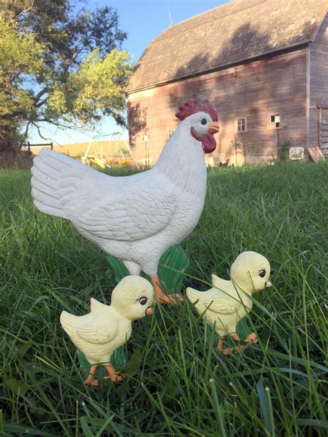 Vintage Cast Metal Chicken With Chicks Yard Art Garden Stakes Chippy