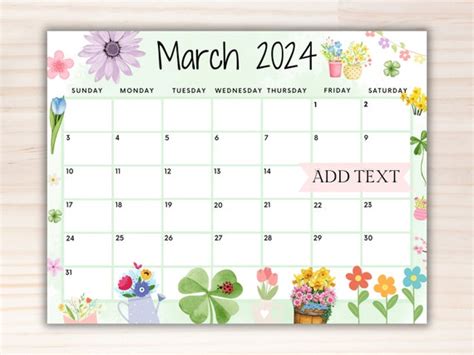 EDITABLE March 2024 Calendar, Fillable Printable Wall Calendar 2024 ...