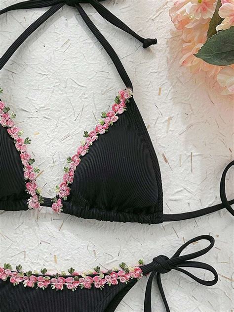 Women 2025 Summer Solid Color Rib Rose Trim Sexy Bikini Set SHEIN South Africa