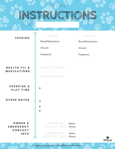 Printable Pet Sitter Instructions Template