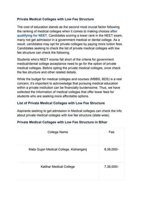 Private Medical Colleges with Low Fee Structure | PDF | Free Download