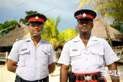 Jamaican Policemen Red Stripes Negril Beach Jamaica Stock Photo