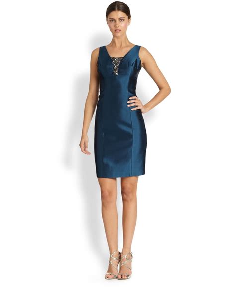 Teri Jon Gazar Beadedinset Cocktail Dress In Teal Blue Lyst