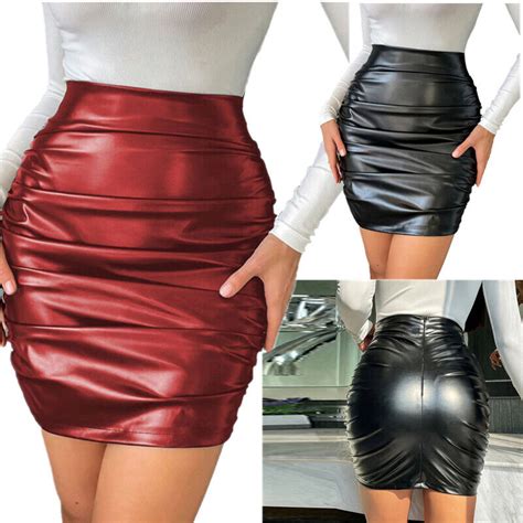 Women S Ruched Pu Leather Bodycon Mini Skirt High Waist Pencil Skirts