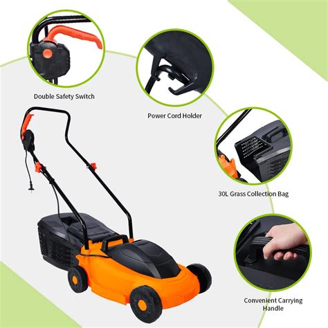 Vertak 1300w Corded Electric Hand Lawn Mower Machine 4 Wheel Walk Behind Electric Lawn Mower