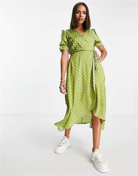 Ax Paris Polka Dot Wrap Midi Dress In Lime Asos