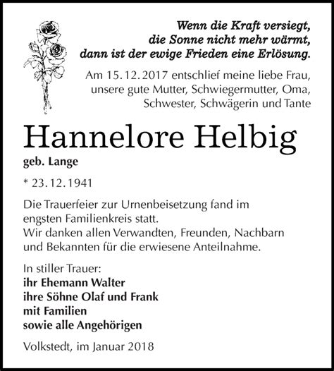 Traueranzeigen Von Hannelore Helbig Abschied Nehmen De