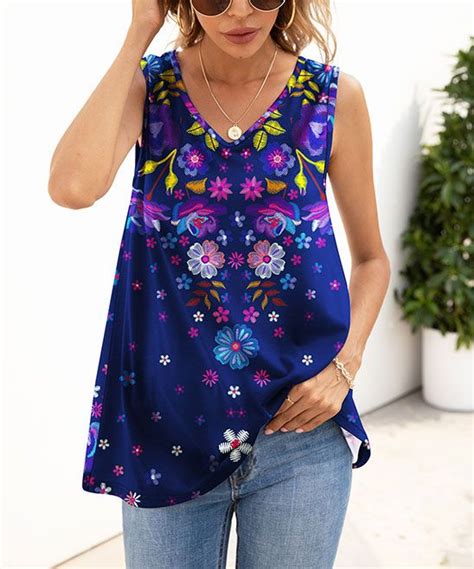 Sakurafina Indigo And Purple Floral V Neck Tank Women And Plus In 2021 Teal And Pink Women