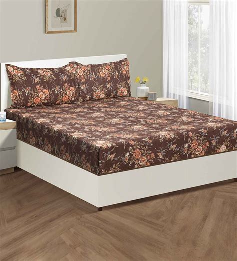 Buy Brown Floral 160 Tc Cotton King Sized Bedsheet With 2 Pillow Cover