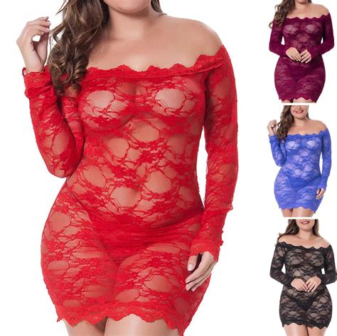 Women Plus Size Sexy Lingerie Erotic Lace Off Shoulder Transparent Sexy