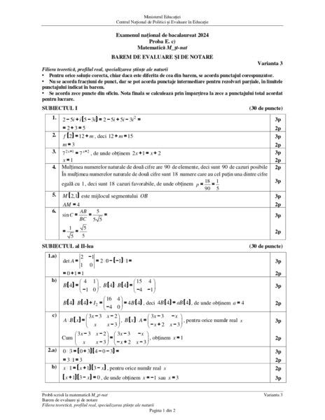 ULTIMA ORĂ Subiecte și bareme Matematică Bacalaureat 2024 sesiunea