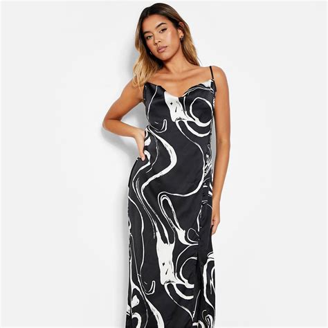 I Saw It First Satin Abstract Print Side Split Midi Dress Sort