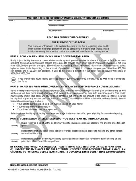 Michigan Bodily Injury Liability Form Liability Insurance Vehicle