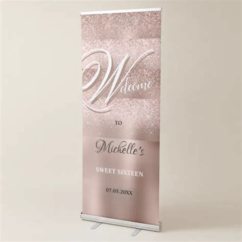 Elegant Rose Gold Glitter 16th Birthday Welcome Retractable Banner | Zazzle