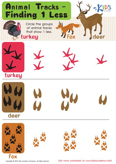 Animal Tracks: Find 1 Less Worksheet for kids