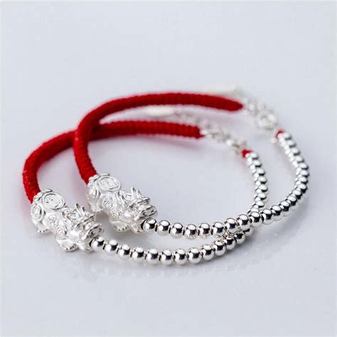 Pure Silver Wealth Attracting Pixiu And Red Rope Bracelet Zenheavens