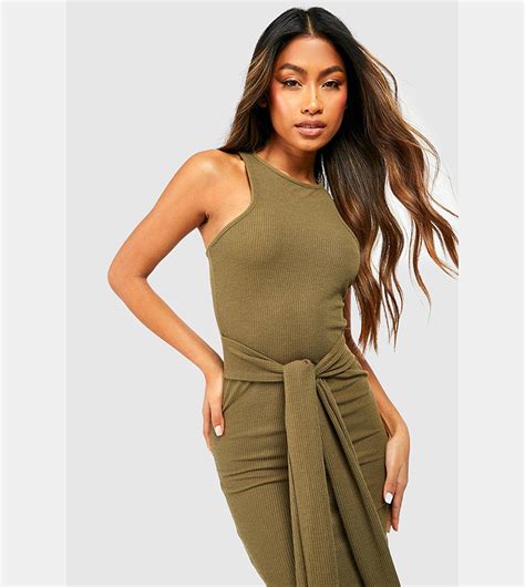 Buy Boohoo Ripple Rib Racer Tie Front Midi Dress In Khaki 6thstreet Qatar