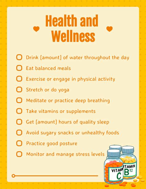 Yellow Simple Health And Wellness Daily Checklist